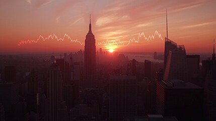 Obraz premium New York City skyline at sunrise overlaid with stock market trends.