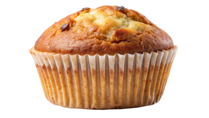 A delicious banana muffin with chocolate chips in a paper liner on white