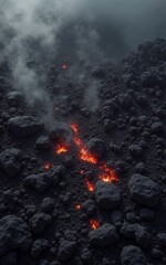 Fototapeta premium Flowing Lava Between Hardened Volcanic Rocks – Dramatic Nature Landscape