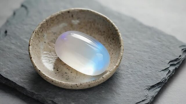 Round moonstone on ceramic plate