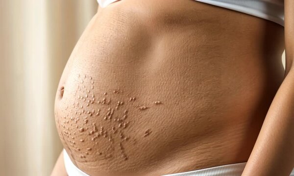 Close-up of woman's belly with stretch marks, postpartum body, skin texture