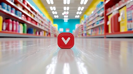 Fototapeta premium Modern supermarket aisle signage with red square down arrow