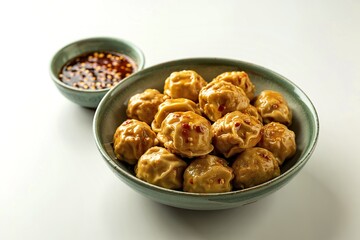 a bowl filled with golden-brown dumplings coated in a glossy sauce