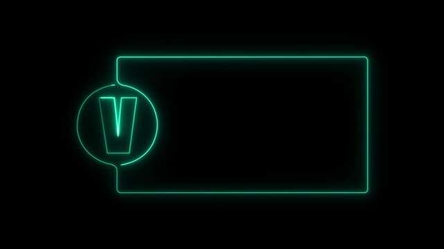 colorful glowing neon V text icon animation. Square rectangle picture frame with one tone neon color motion graphic on isolated black a background.