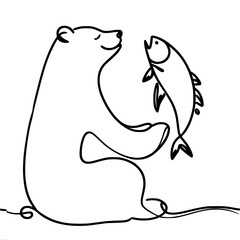 Obraz premium Bear holding fish happily and smiling in anticipation of dinner in simple line drawing style, vector single line illustration