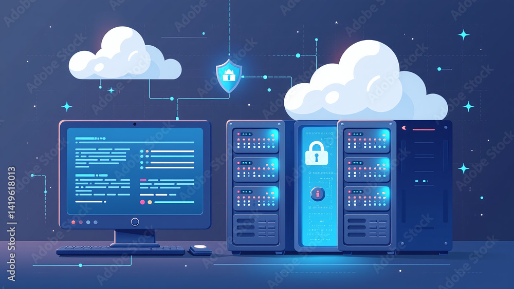 Poster cybersecurity protects personal data servers flat cartoon vector illustrations cloud computing digit