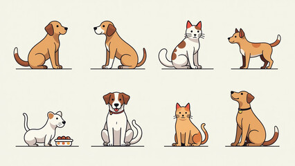 dog cat icons pet health care including food pills cages signs flat line vector illustration style icon