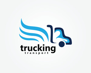 creative logistic truck logo, truck with blue wing shaped box logo design template