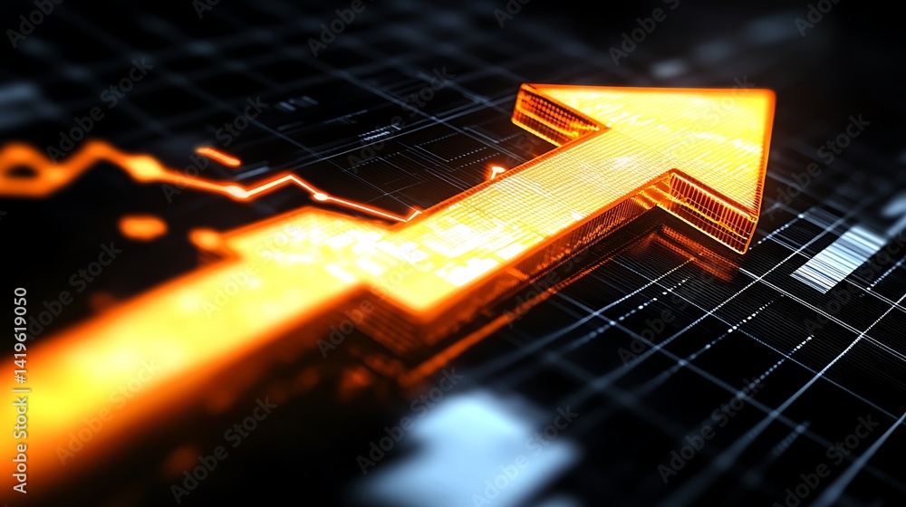 Poster abstract representation of financial growth with an illuminated arrow on a dark grid background