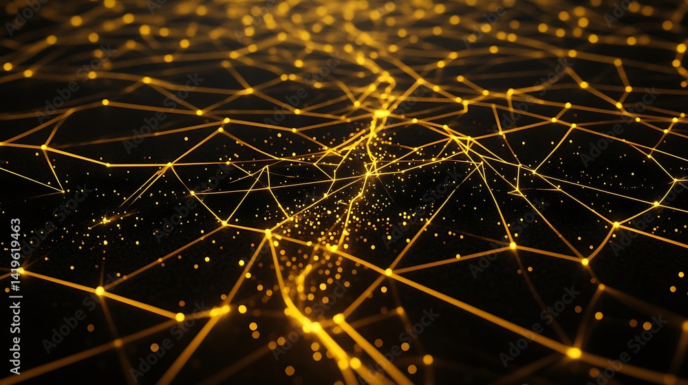 Poster abstract representation of interconnected golden lines and dots on a dark background, symbolizing te