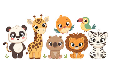 Naklejka premium Illustration of cartoon animals including a panda giraffe bird bear lion and tiger sitting together
