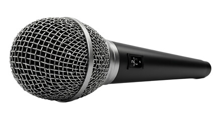 Close up shot of a classic dynamic microphone with a metal mesh grill on a black background