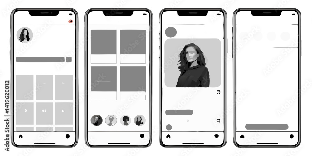 Poster illustration of four smartphone screens displaying different user interface designs and layouts show
