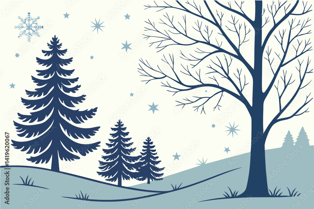 Poster winter scene with bare tree and evergreen trees on snowy hills and snowflakes falling from the sky a
