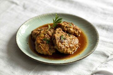 A photograph of a plate of cutlets stewed in a rich, savory sauce