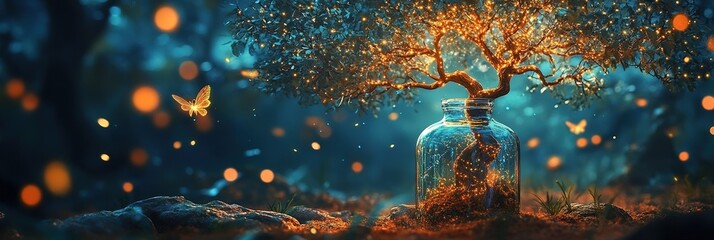 A tree with orange leaves stands against a dark blue and orange background.