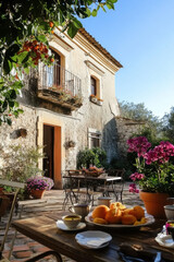 Fototapeta premium Breakfast at Agriturismo bed and breakfast at Sicily Italy, beautiful historical old farm renovated as BB Sicilia 