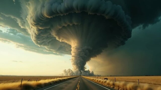 Powerful tornado forms in open landscape, showcasing nature's raw force and beauty