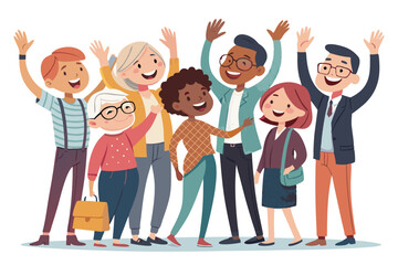 Obraz premium Illustration of a diverse group of people waving their hands and smiling cheerfully together happily today