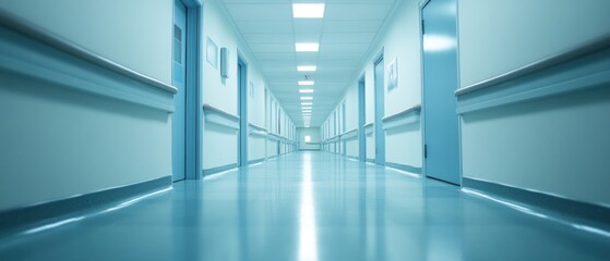 Obraz premium Clean hospital corridor with bright lighting and doors