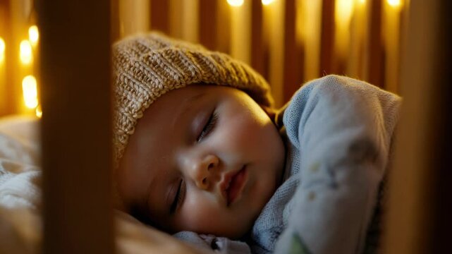 A sweet infant is tucked in a crib wearing a knitted hat, drifting into deep sleep. Soft, warm lights illuminate the peaceful scene, creating a serene atmosphere.