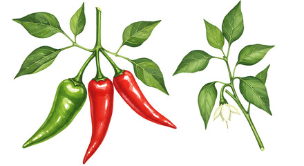 A close up view of a pepper plant with green leaves red peppers and a small white flower bloom present