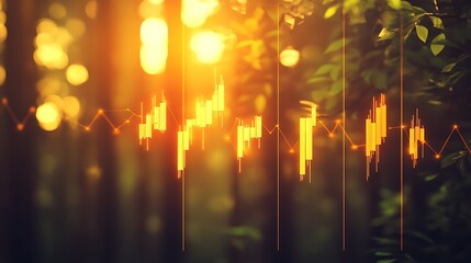 Abstract visualization of financial data overlaying a serene forest landscape during sunset
