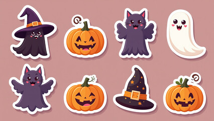 groovy cartoon halloween sticker set features witch ghost pumpkin spooky holiday characters vector