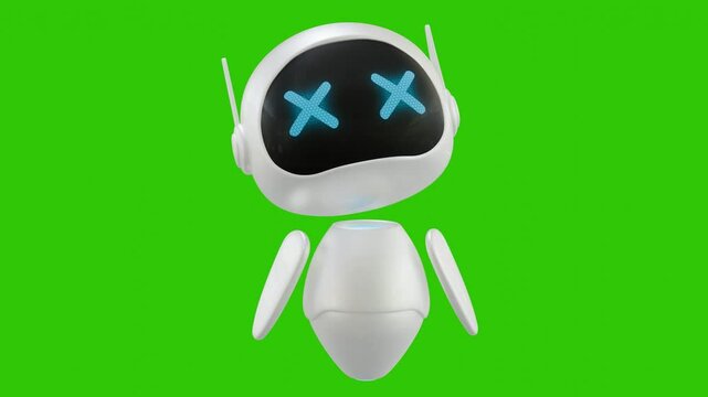 Cute 3D mini Robot character animation. He looks helpless. With X-shaped eyes to express game over, limp, or dead. Green screen background. Perfect looping. Ai robot.