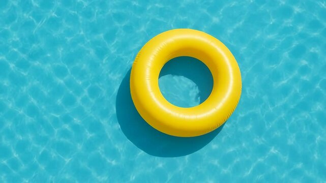 Inflatable buoy ring, yellow tybe on swimming pool, view from above