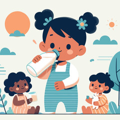 vector image of little children drinking milk