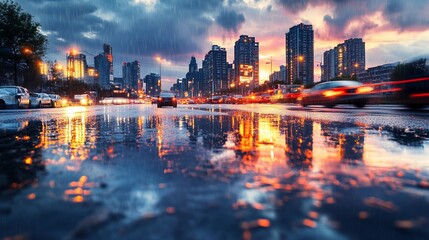 Fototapeta premium Urban Reflections: A Cityscape in Rain with Dynamic Car Light Trails