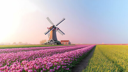 Pixelated Dutch Windmill In Pink And Yellow Tulip Field Sunrise