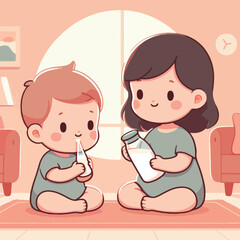 vector image of little children drinking milk