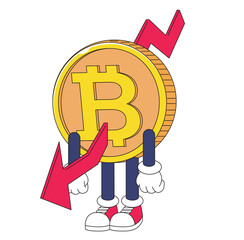 bitcoin mascot character is sad because loss. crypto market price symbol bear, falling, down, recession