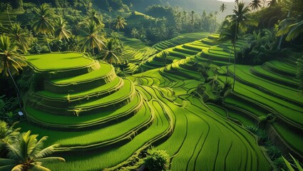 Aerial View of Lush Green Rice Terraces in Bali at Golden Hour