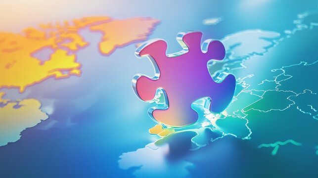 Colorful puzzle piece on abstract map background for creative design concepts. World Autism Awareness Day
