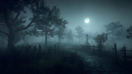 Fototapeta premium Foggy Night Graveyard Scene Under Moonlight