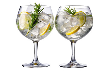 Two Refreshing Gin and Tonics Garnished with Lemon and Rosemary Sprigs
