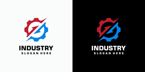 Obraz premium Gear and arrow vector logo design with modern, simple, clean and abstract style. Icon for business, industry, technology and personal branding.