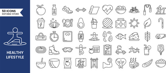 Health Lifestyle line editable icons set in line style. Containing running, routine, self-care, diet, exercise and more. Vector illustration