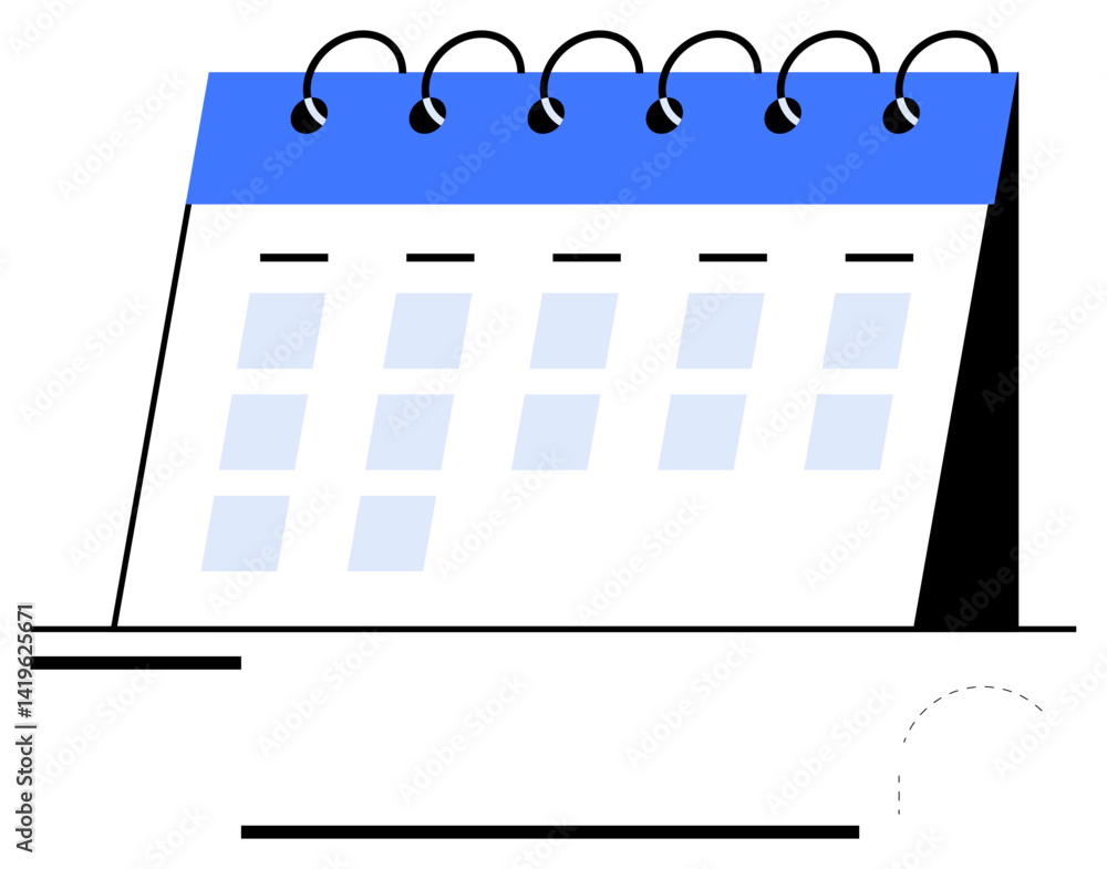 Poster desk calendar with spiral binding, blue header, and blank grid displaying dates. ideal for planning,