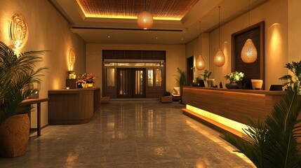 Luxurious hotel lobby offers an inviting and sophisticated atmosphere