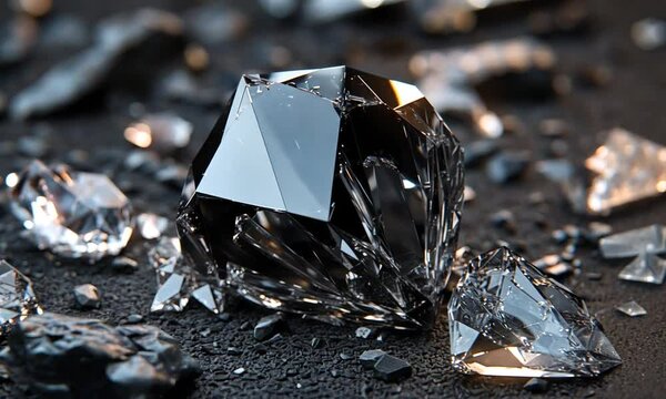 A close-up of a black diamond surrounded by shattered crystals on a dark surface