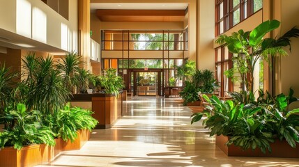 Bright hotel lobby features lush indoor plants and sunlight
