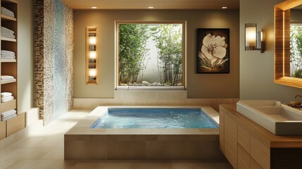 Fototapeta premium Luxurious bathroom interior featuring a soaking tub and garden view