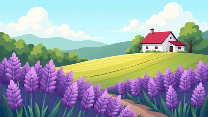 rural landscape features lavender fields farmhouse summer modern cartoon twist vector