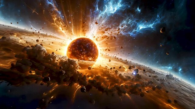 Planet explosion in deep space with fiery shockwaves and glowing debris