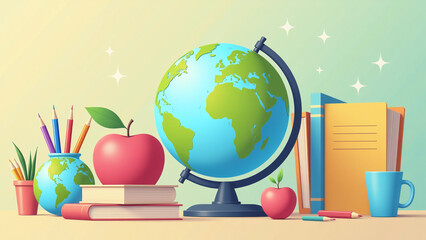 school supplies items gathered vector illustration featuring globe educational themes various