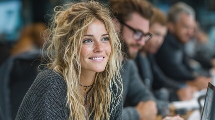 Fototapeta premium Woman smiles in a group setting with other people in the background.